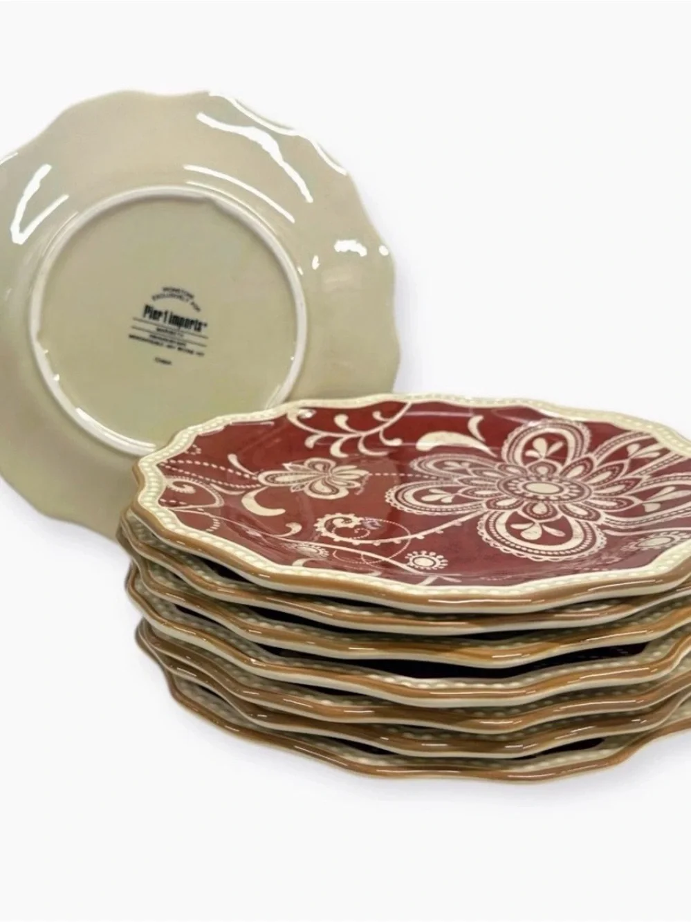 Pier 1 Imports Maribeth Burgundy Floral Scalloped Salad Plates 8 7/8” Set of 8